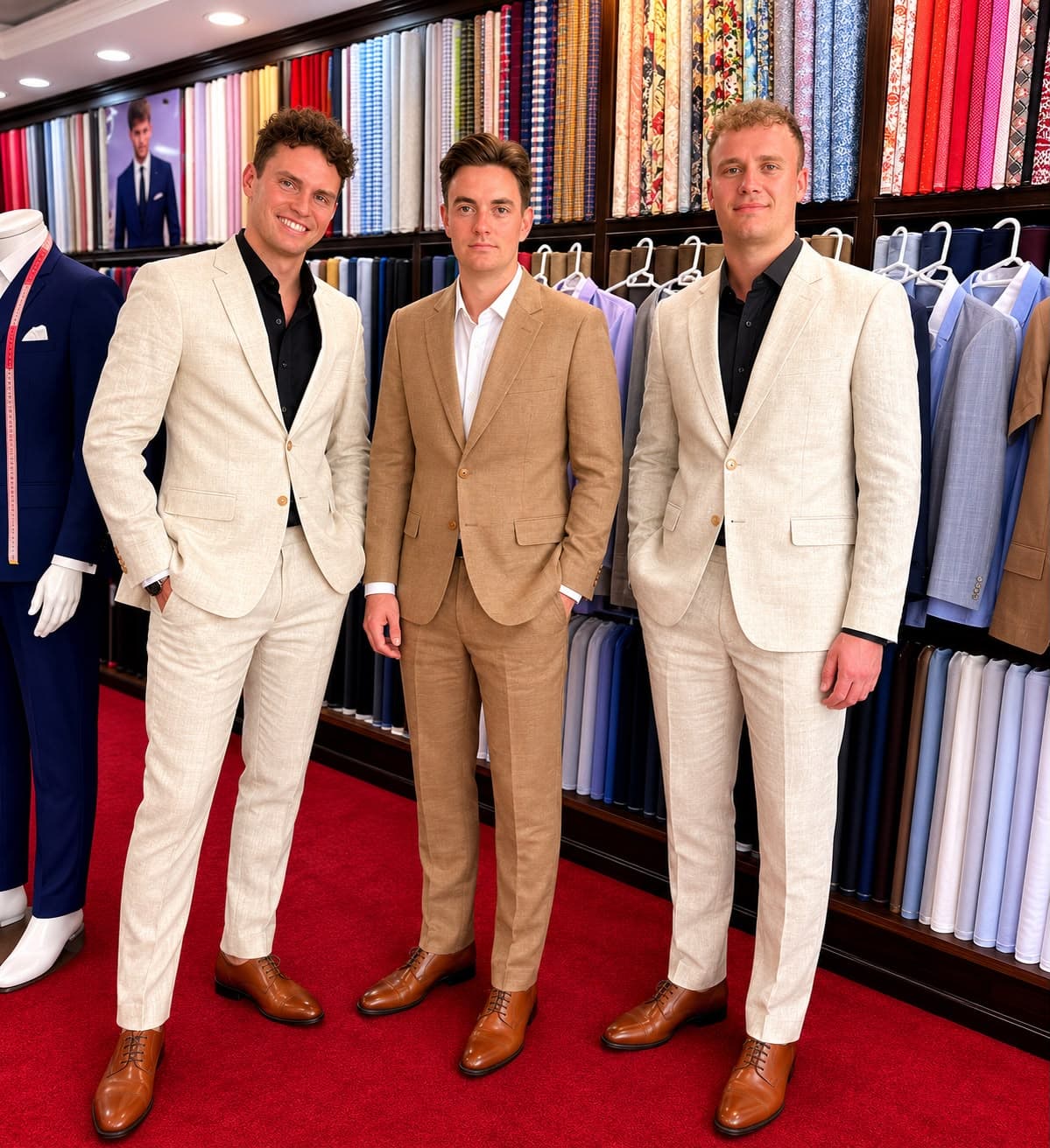 Wedding party in bespoke linen and tropical wool suits, tailored at Mike's Tailor Samui, Koh Samui